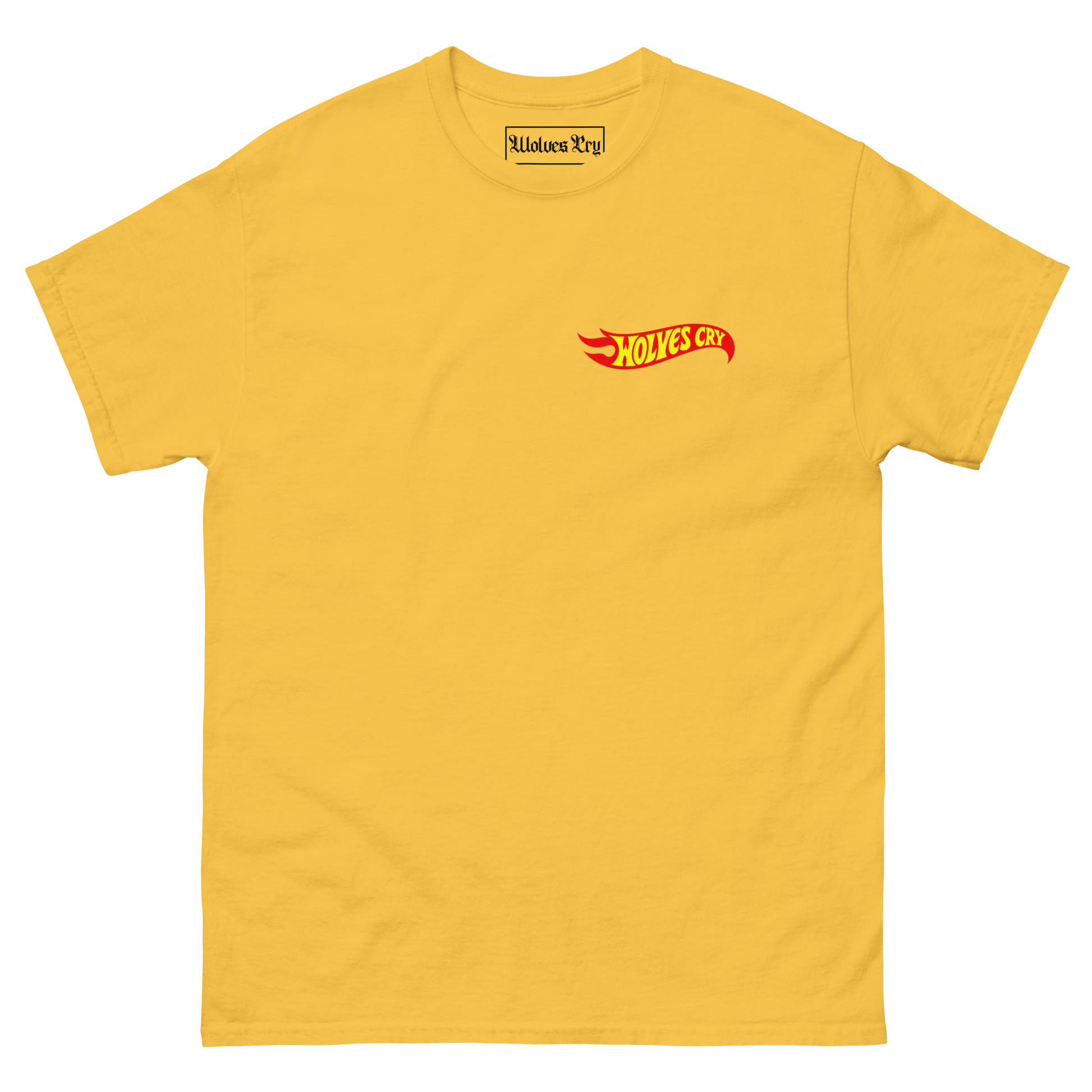 A yellow short-sleeve crewneck t-shirt featuring a small red and yellow 'wolvea cry hot wheels tee shirt.' logo on the left chest, displayed on a clean white background. 90s style nostalgia tee