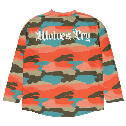 Full-body motion shot of Wolves Cry Marrakech Camo Jersey — blending utility and modern street energy.