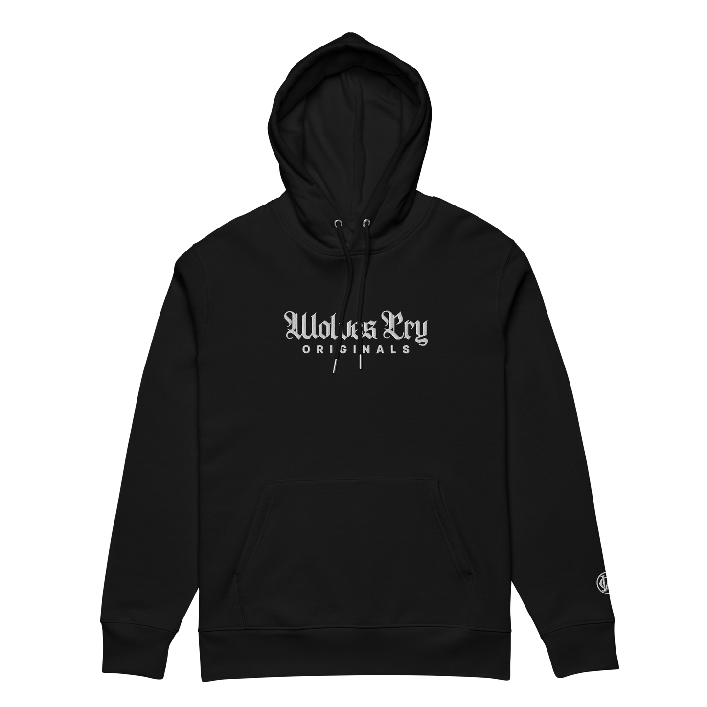 Wolves cry originals Black hoodie with white text on a white background
