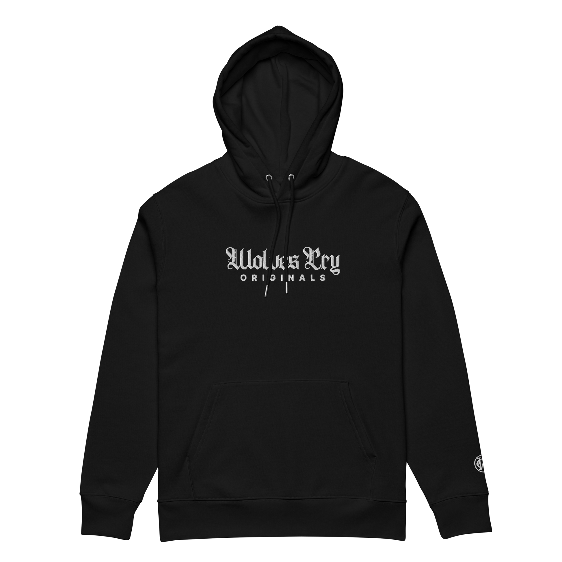 Wolves cry originals Black hoodie with white text on a white background