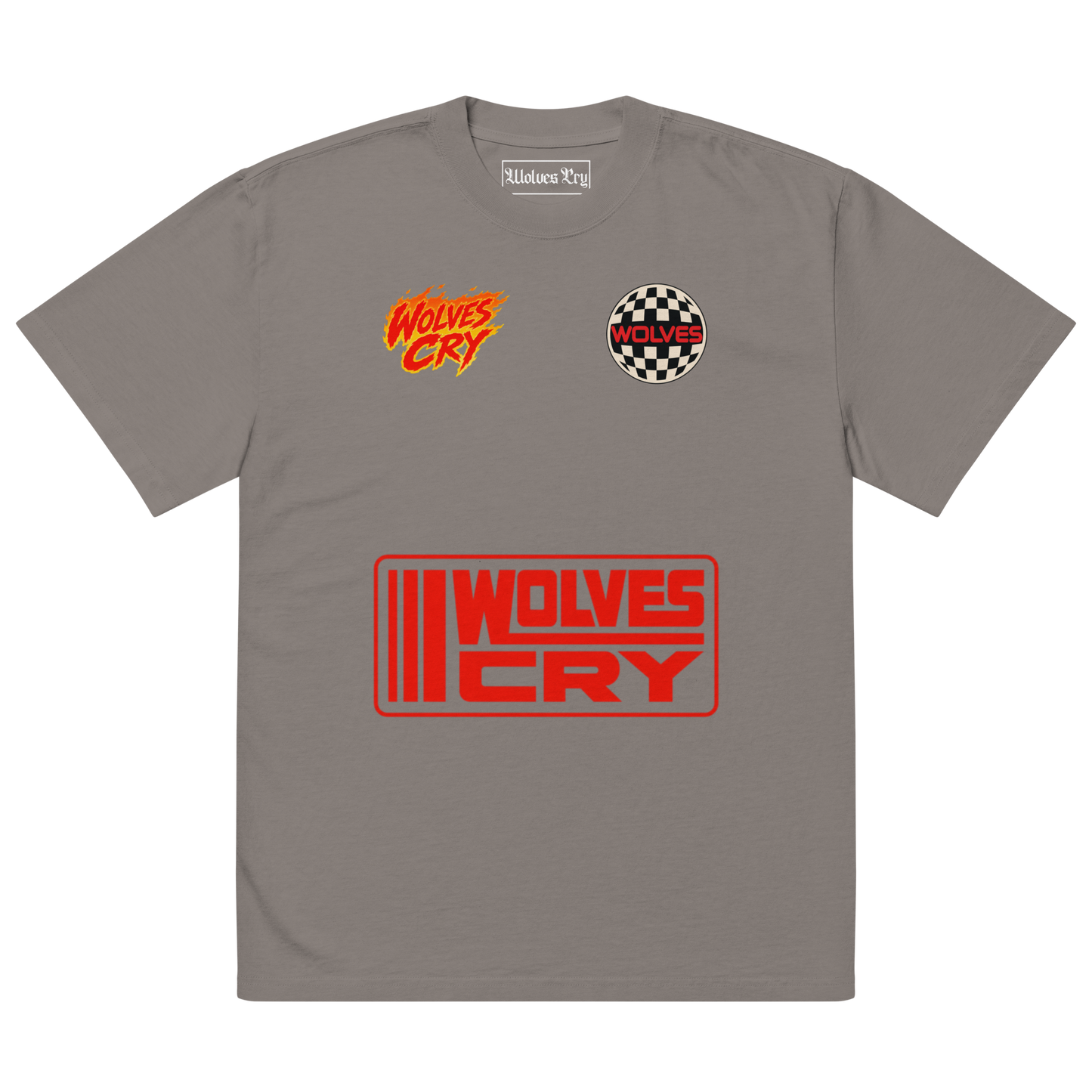 A gray short-sleeve t-shirt with 'Wolves Cry' branding, featuring a red and orange logo on the left chest, a circular checkered logo on the right chest, and a large red and orange rectangular logo on the front.