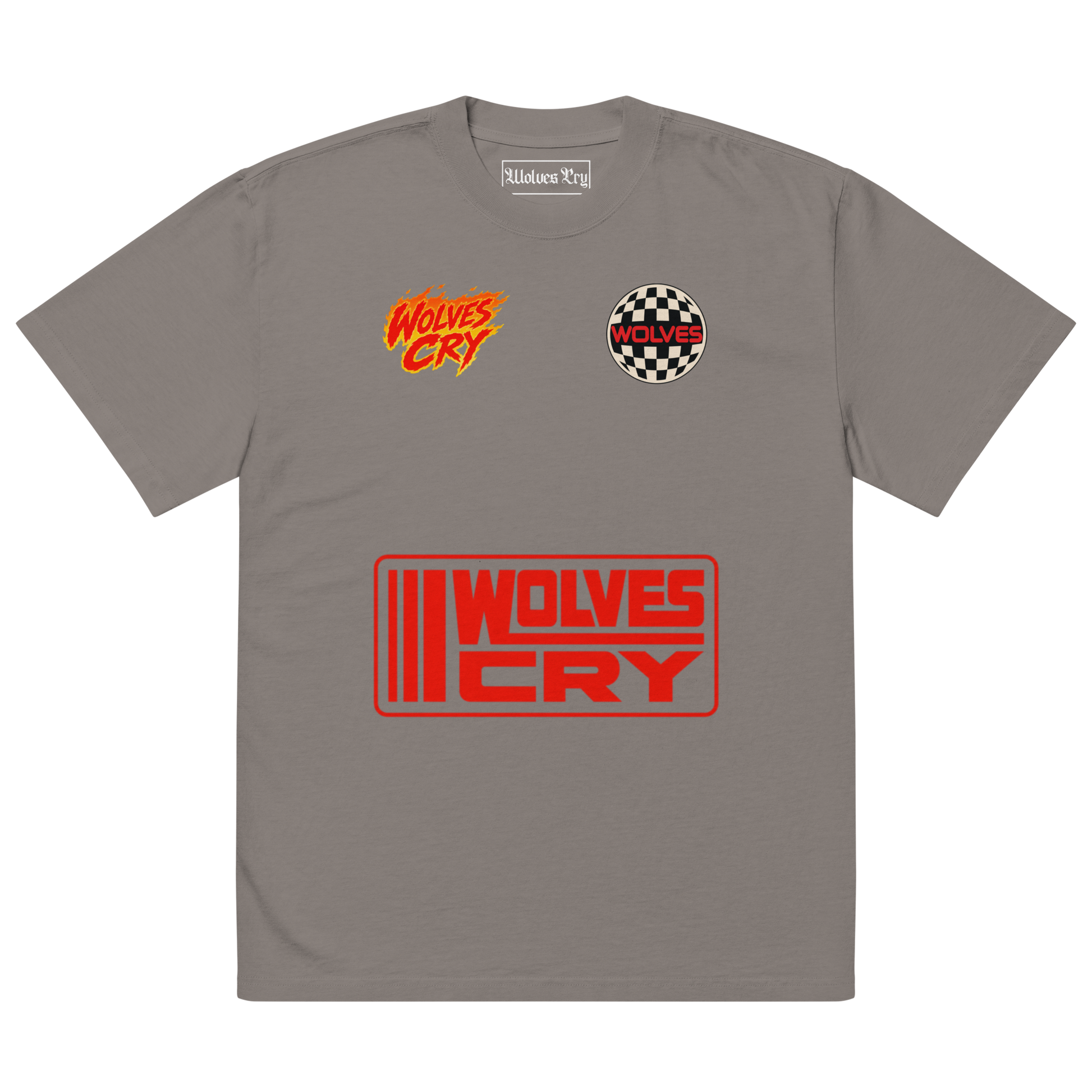 A gray short-sleeve t-shirt with 'Wolves Cry' branding, featuring a red and orange logo on the left chest, a circular checkered logo on the right chest, and a large red and orange rectangular logo on the front.