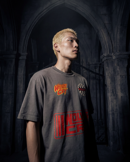 A man with short blonde hair wearing a dark gray wolves cry graphic t-shirt with red and yellow designs, standing in a dark gothic stone archway.