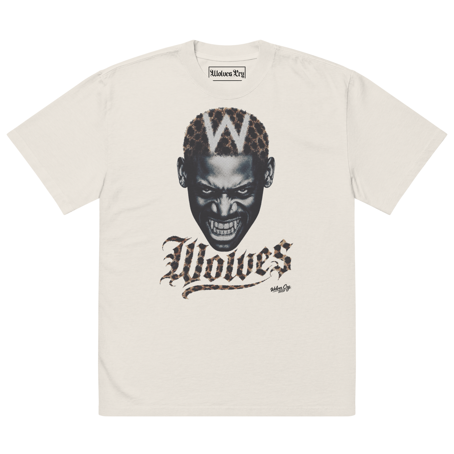 An off-white short-sleeve t-shirt featuring a graphic print of a snarling Dennis Rodman face with a leopard-print 'W' on his head and the word 'Wolves' in a gothic font below.