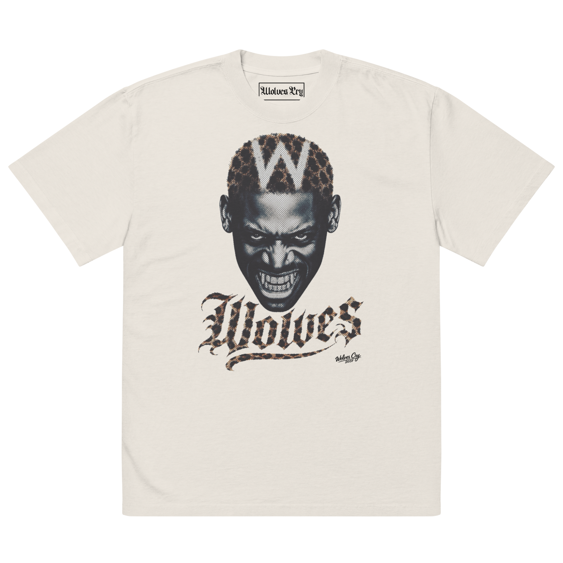 An off-white short-sleeve t-shirt featuring a graphic print of a snarling Dennis Rodman face with a leopard-print 'W' on his head and the word 'Wolves' in a gothic font below.