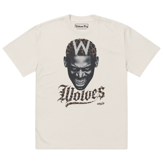An off-white short-sleeve t-shirt featuring a graphic print of a snarling Dennis Rodman face with a leopard-print 'W' on his head and the word 'Wolves' in a gothic font below.