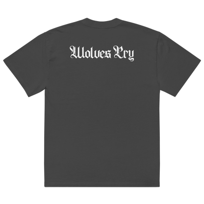 Black t-shirt with 'Wolves Cry' text on the back against a white background
