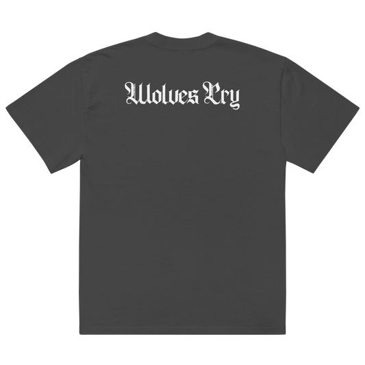 Black t-shirt with 'Wolves Cry' text on the back against a white background