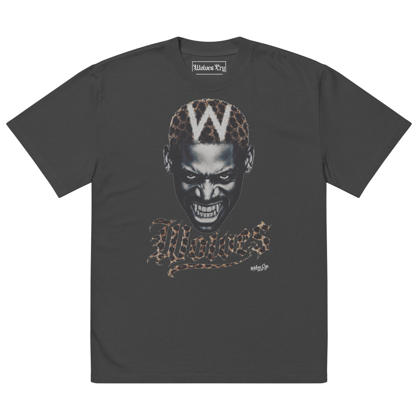 A dark gray short-sleeve t-shirt with a Dennis Rodman Viral graphic print of a stylized face featuring leopard print hair and the word 'wolves' in leopard print script. The inner neck label reads 'Historic Era'.