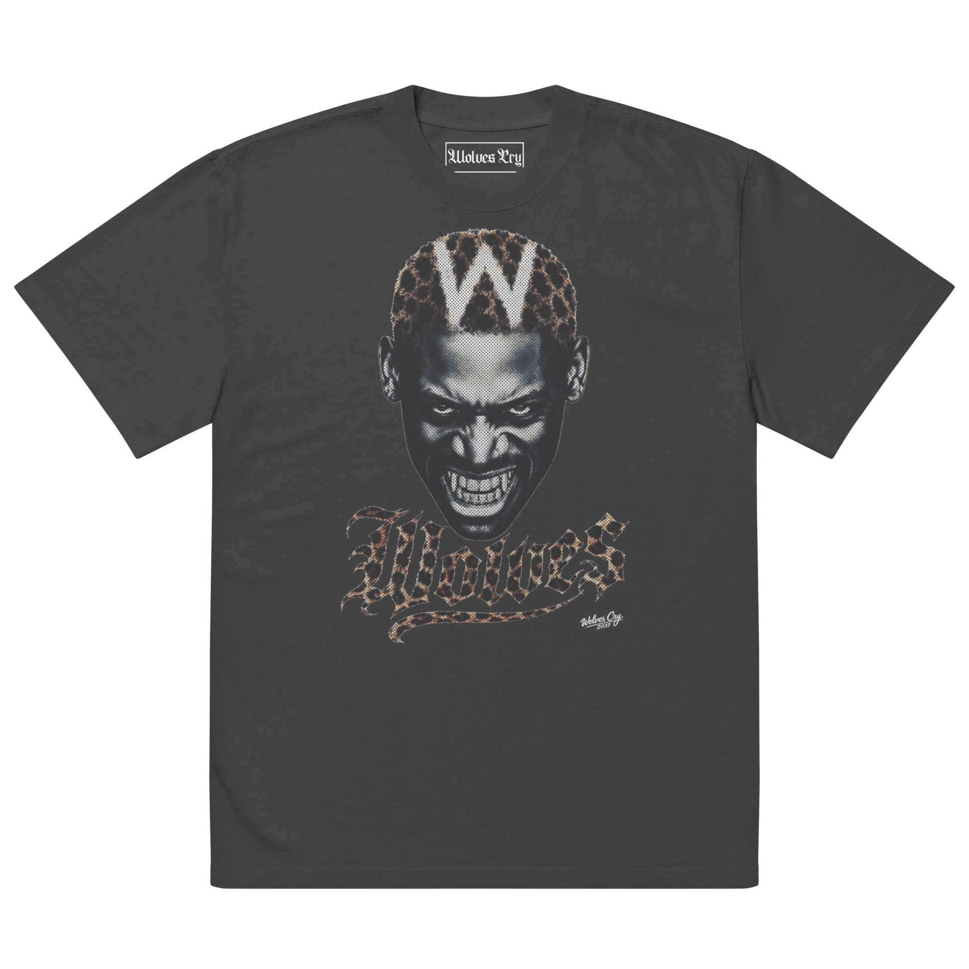 A dark gray short-sleeve t-shirt with a Dennis Rodman Viral graphic print of a stylized face featuring leopard print hair and the word 'wolves' in leopard print script. The inner neck label reads 'Historic Era'.