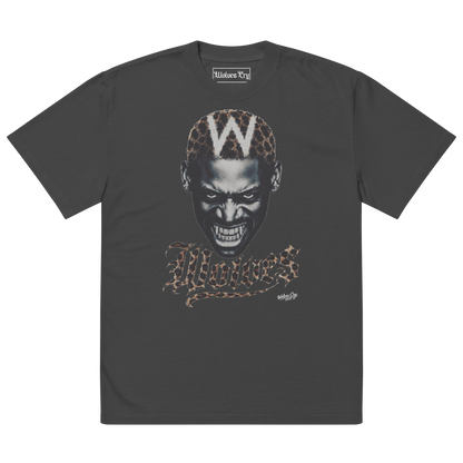 A dark gray short-sleeve t-shirt with a Dennis Rodman Viral graphic print of a stylized face featuring leopard print hair and the word 'wolves' in leopard print script. The inner neck label reads 'Historic Era'.