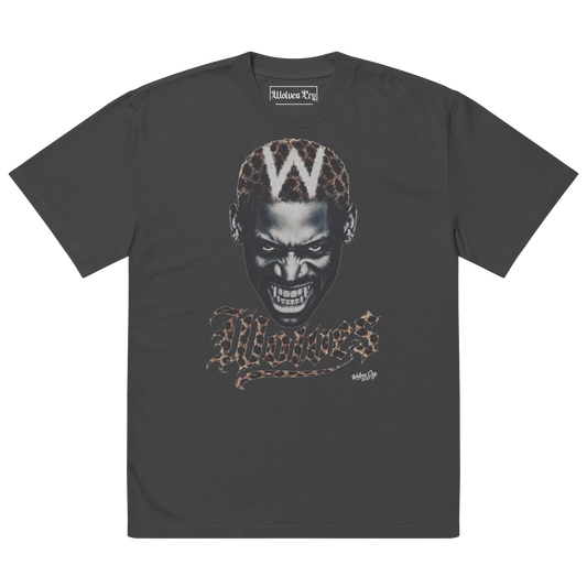 A dark gray short-sleeve t-shirt with a Dennis Rodman Viral graphic print of a stylized face featuring leopard print hair and the word 'wolves' in leopard print script. The inner neck label reads 'Historic Era'.