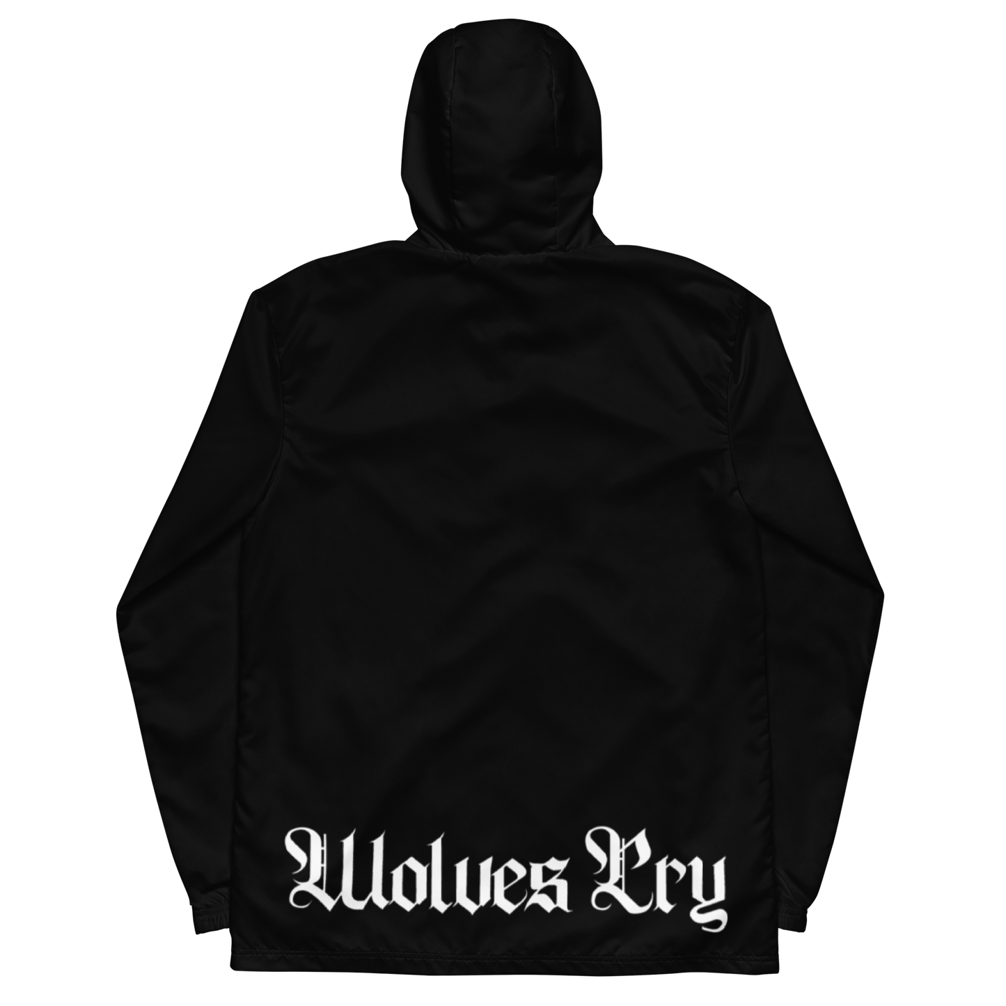 Black hooded jacket shown from the back with a white Gothic-style 'Wolves Cry' text graphic across the lower back, displayed on a solid white background.