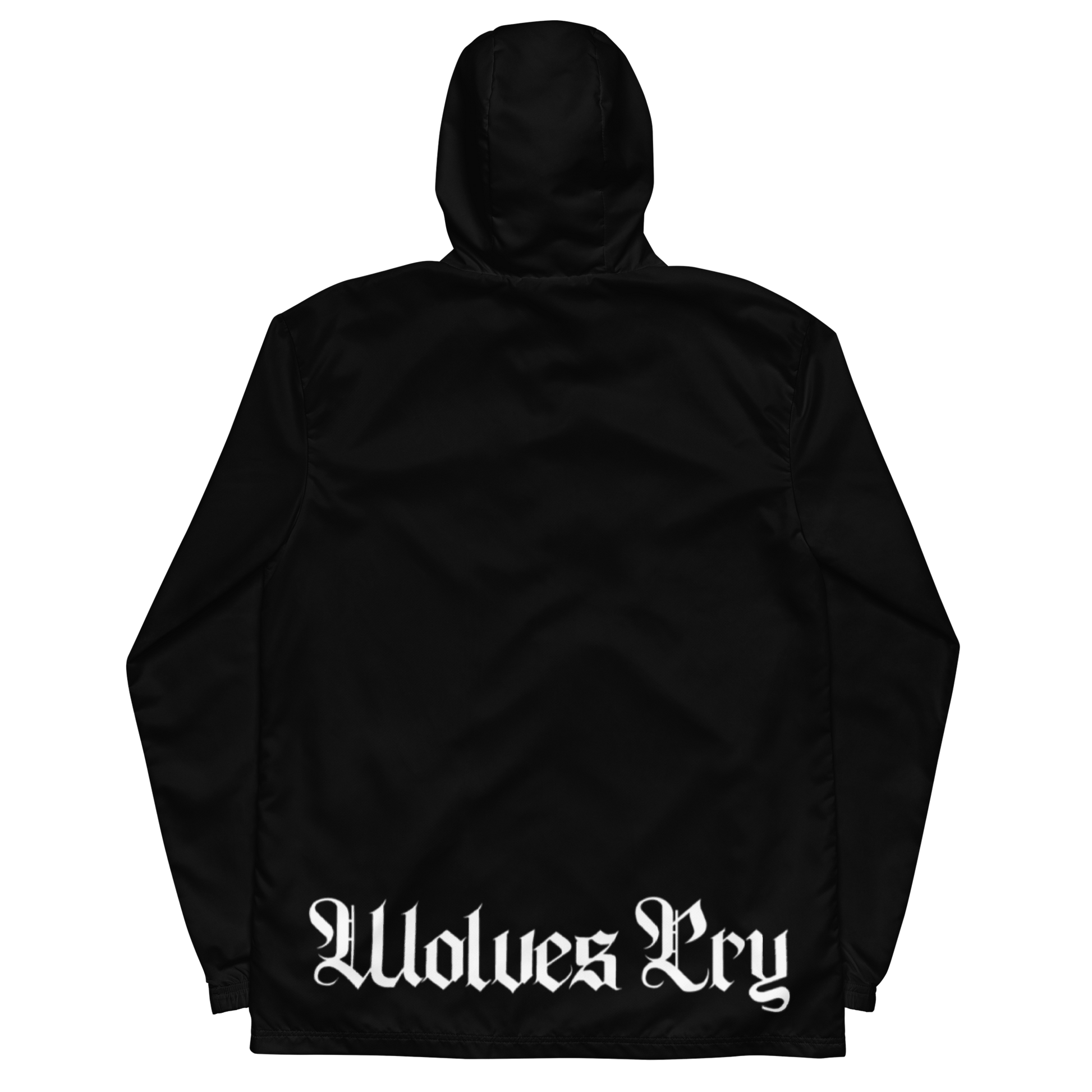 Black hooded jacket shown from the back with a white Gothic-style 'Wolves Cry' text graphic across the lower back, displayed on a solid white background.