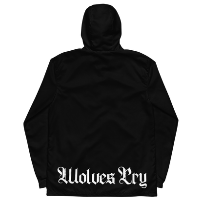 Black hooded jacket shown from the back with a white Gothic-style 'Wolves Cry' text graphic across the lower back, displayed on a solid white background.