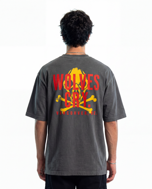 Back view of vintage black Wolves cry tee shirt , woles skull and wolves cry wordmark logo 