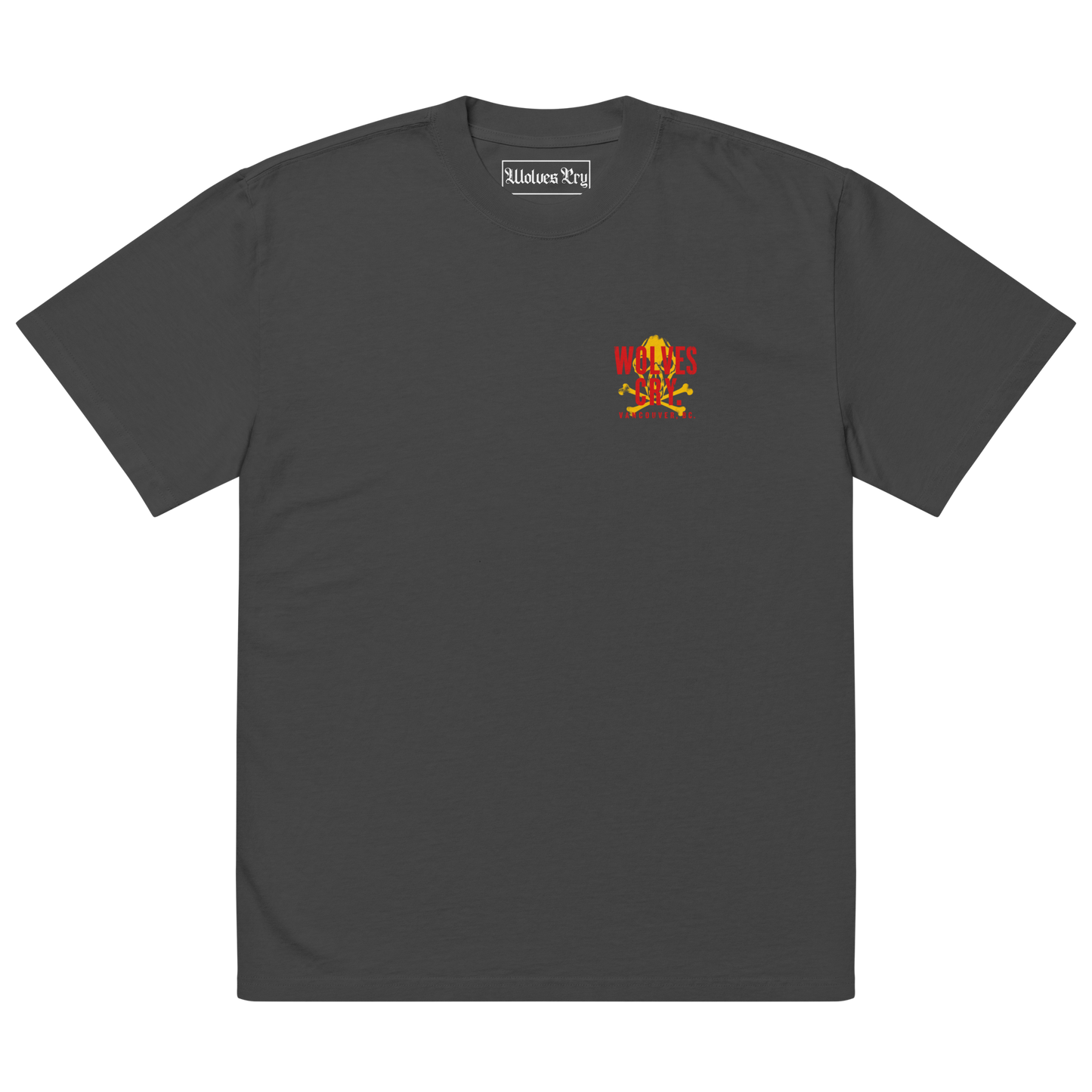 A dark gray wolves cry vintage crewneck t-shirt with a small chest graphic featuring a skull and crossbones with red and yellow text, displayed on a solid white background.