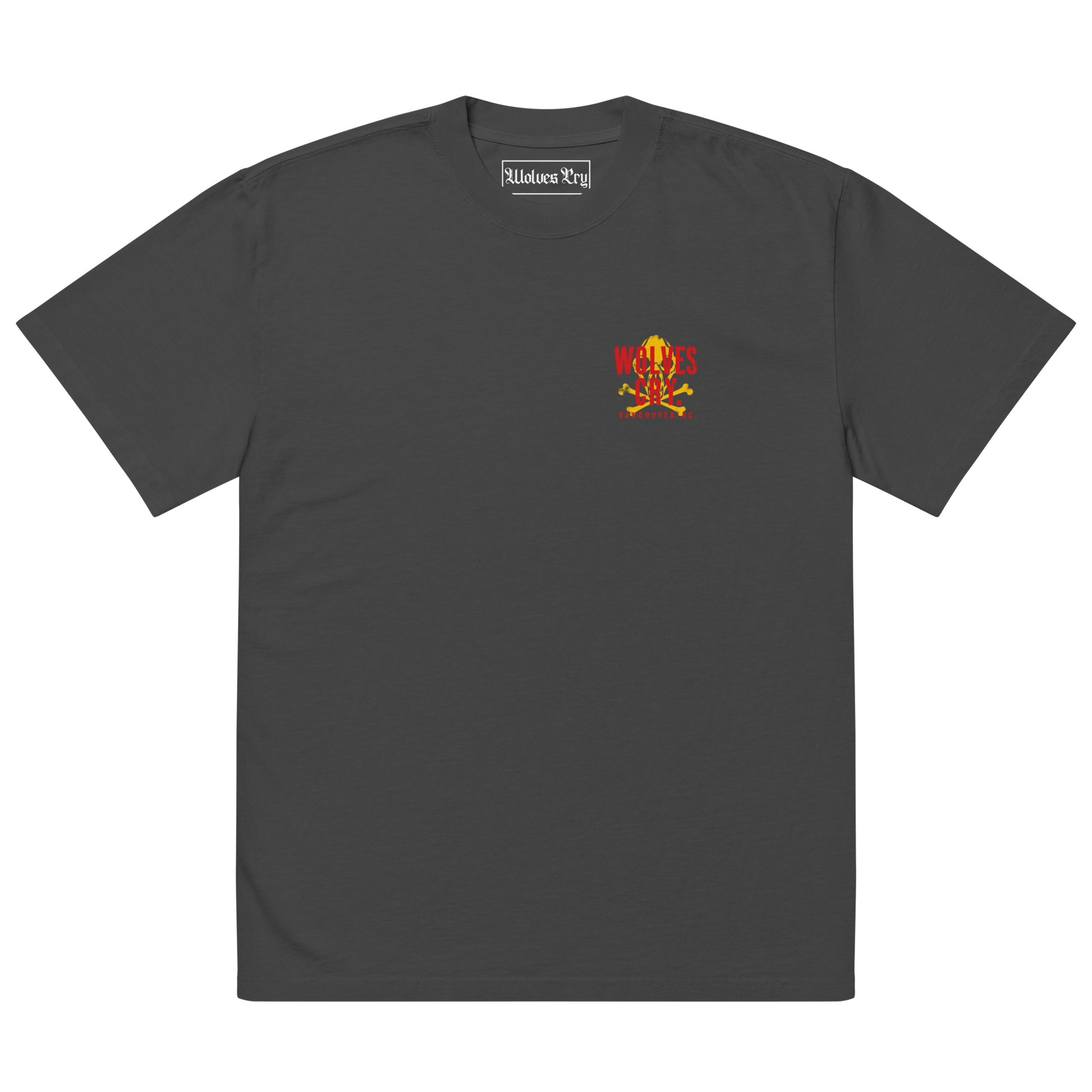 A dark gray wolves cry vintage crewneck t-shirt with a small chest graphic featuring a skull and crossbones with red and yellow text, displayed on a solid white background.