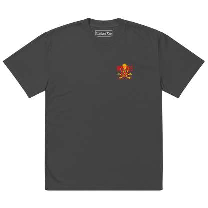 A dark gray wolves cry vintage crewneck t-shirt with a small chest graphic featuring a skull and crossbones with red and yellow text, displayed on a solid white background.